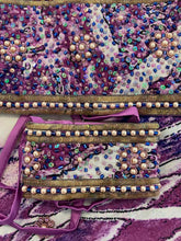 Load image into Gallery viewer, Purple sarong - pink + navy beaded flowers
