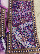 Load image into Gallery viewer, Purple sarong - pink + navy beaded flowers
