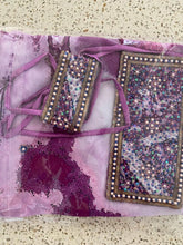 Load image into Gallery viewer, Purple sarong - pink + navy beaded flowers
